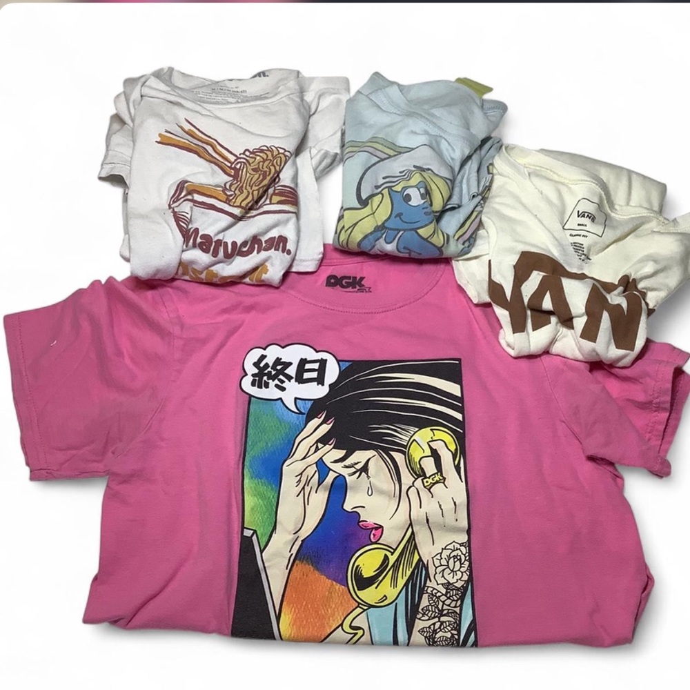 Lot 4 VTG/NEW, T-Shirts DGK 'Collect Call' , Manuchan, Vans, Smurfette